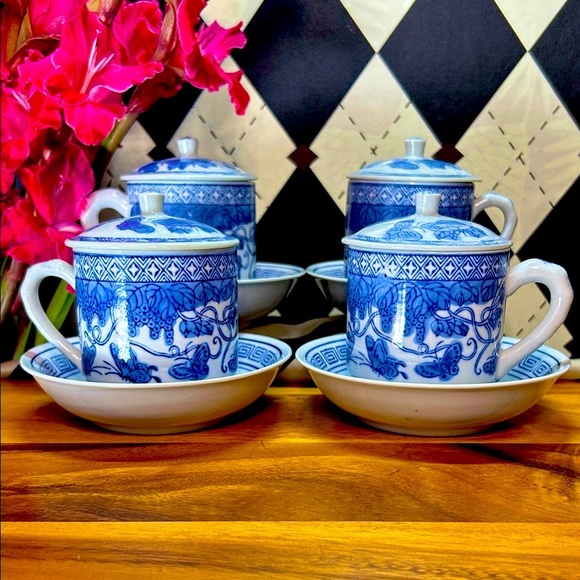 Vintage Other - Exquisite Blue & White Chinoiserie Tea Set | Lidded Porcelain Elegance| 12-Piece